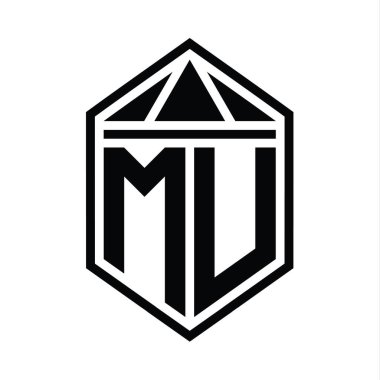 MU Letter Logo monogramı üçgen izole edilmiş biçim şablonu ile basit altıgen kalkan şekli