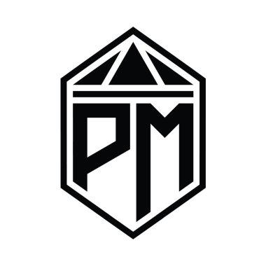 PM Letter Logo monogramı, üçgen izole edilmiş biçim şablonu ile basit altıgen kalkan şekli