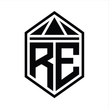RE Harf Logosu monogramı, üçgen izole edilmiş biçim şablonu ile basit altıgen kalkan şekli