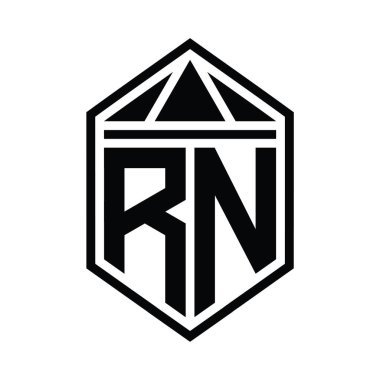 RN Harfi Logo monogramı, üçgen izole edilmiş stil şablonu ile basit altıgen kalkan şekli