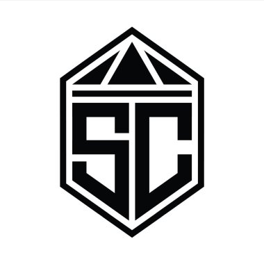 SC Harfi Logo monogramı, üçgen izole edilmiş biçim şablonu ile basit altıgen kalkan şekli