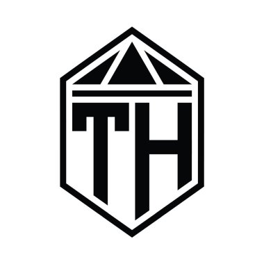 TH Harfi Logo monogramı, üçgen izole edilmiş biçim şablonu ile basit altıgen kalkan şekli