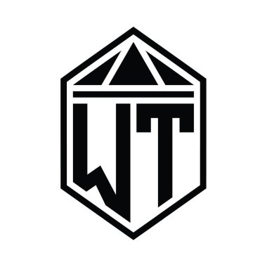 WT Letter Logo monogramı üçgen izole edilmiş stil şablonu ile basit altıgen kalkan şekli