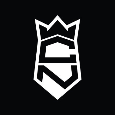 CN Harfi Logosu monogram altıgen kalkanı taç izole edilmiş stil şablonu ile yukarı ve aşağı şekil