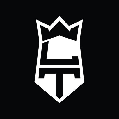 LT Harf Logosu monogram altıgen kalkanı taç izole edilmiş stil şablonu ile yukarı ve aşağı şekil