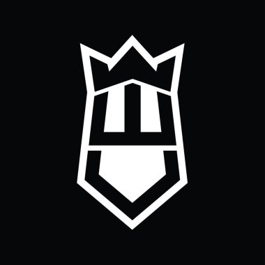 WU Letter Logo monogram altıgen kalkanı taç izole edilmiş stil şablonu ile yukarı ve aşağı şekil