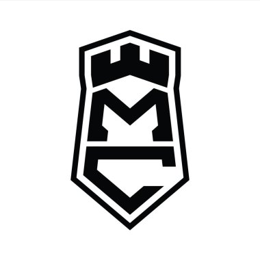 MC Letter logo monogram altıgen kalkan Crown kale izole tasarım şablonu ile yukarı ve aşağı şekil