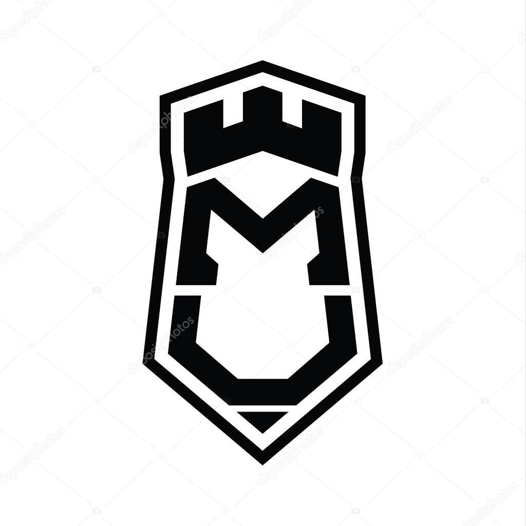 MU Letter Logo monogram hexagon shield shape up and down with crown castle isolated style design template
