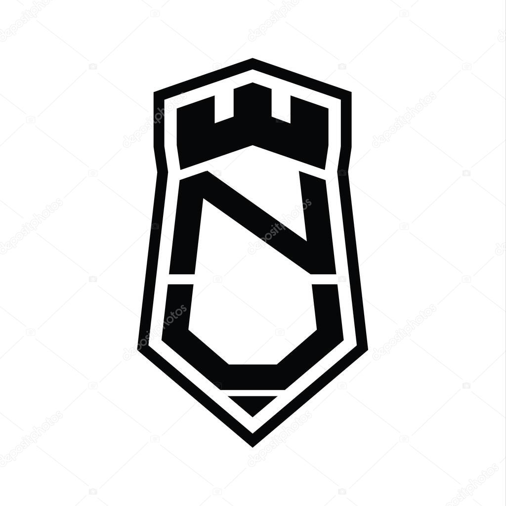 NU Letter Logo monogram hexagon shield shape up and down with crown castle isolated style design template