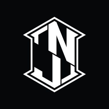 NJ Harfi Logo monogram altıgen kalkanı keskin köşeli izole tasarım şablonu ile yukarı ve aşağı şekil