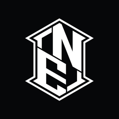NE Harfi Logosu monogram altıgen kalkanı keskin köşeli izole tasarım şablonu ile yukarı ve aşağı şekillendiriliyor