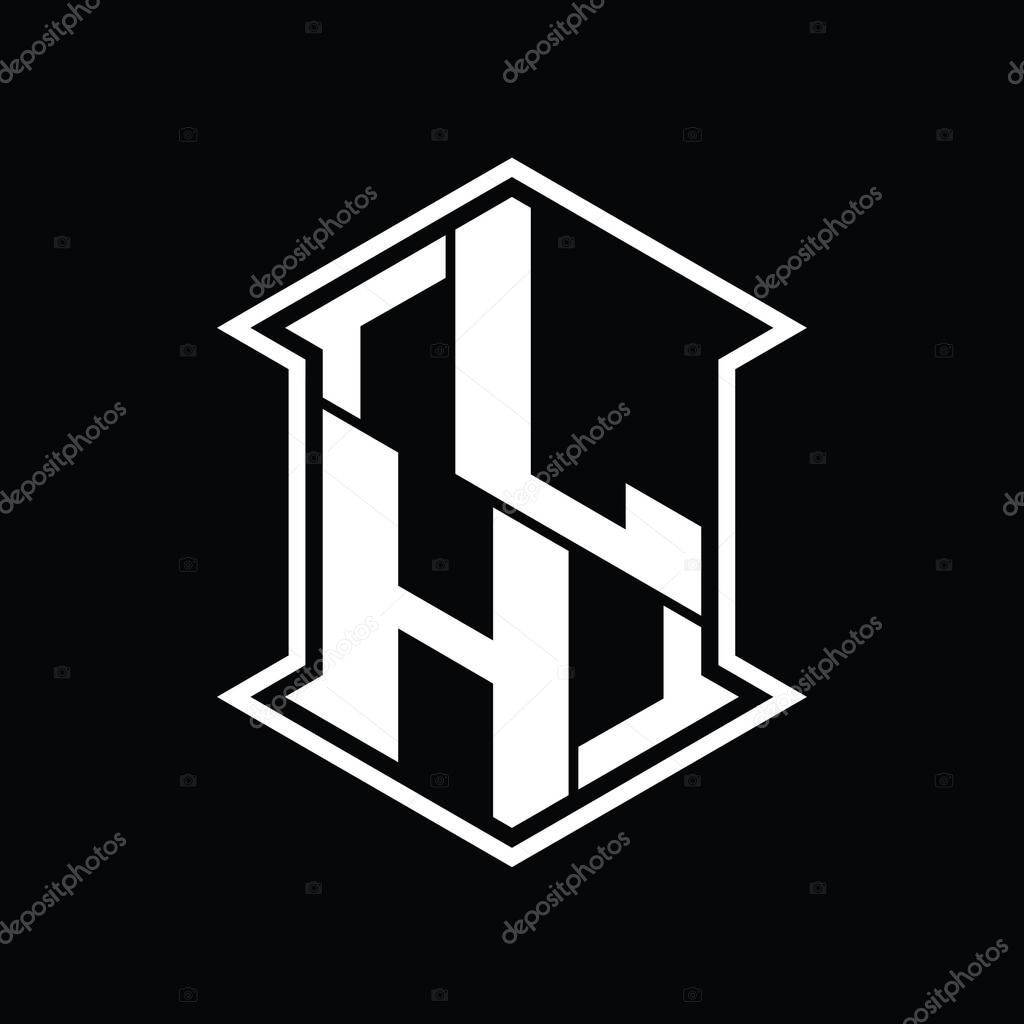 LH Letter Logo monogram hexagon shield shape up and down with sharp corner isolated style design template