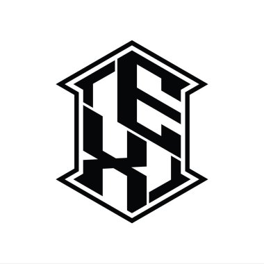 EX Harf Logosu monogram altıgen kalkanı keskin köşeli izole tasarım şablonu ile yukarı ve aşağı şekil