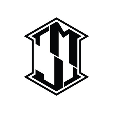 MJ Letter Logo monogram altıgen kalkanı keskin köşeli izole tasarım şablonu ile yukarı ve aşağı şekil