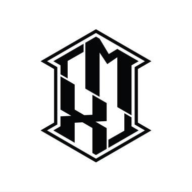 MX Harfi Logo monogram altıgen kalkanı keskin köşeli izole tasarım şablonu ile yukarı ve aşağı şekil