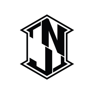 NJ Harfi Logo monogram altıgen kalkanı keskin köşeli izole tasarım şablonu ile yukarı ve aşağı şekil