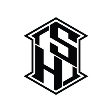 SH Harf Logosu monogram altıgen kalkanı keskin köşeli izole tasarım şablonu ile yukarı ve aşağı şekil