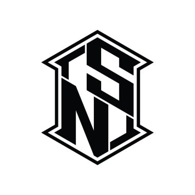 SN Harf Logosu monogram altıgen kalkanı keskin köşeli izole tasarım şablonu ile yukarı ve aşağı şekil