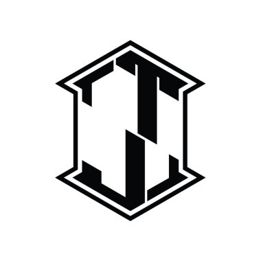 TJ Harf Logosu monogram altıgen kalkanı keskin köşeli izole tasarım şablonu ile yukarı ve aşağı şekil