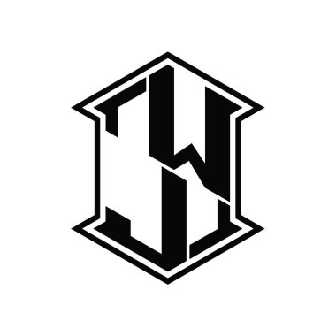 WJ Harf Logosu monogram altıgen kalkanı keskin köşeli izole tasarım şablonu ile yukarı ve aşağı şekil