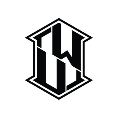 WU Letter Logo monogram altıgen kalkanı keskin köşeli izole tasarım şablonu ile yukarı ve aşağı şekil