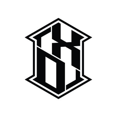 XO Harf Logosu monogram altıgen kalkanı keskin köşeli izole tasarım şablonu ile yukarı ve aşağı şekil