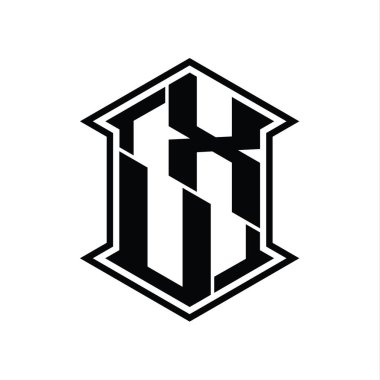 XU Letter logo monogram altıgen kalkanı keskin köşeli izole tasarım şablonu ile yukarı ve aşağı şekil