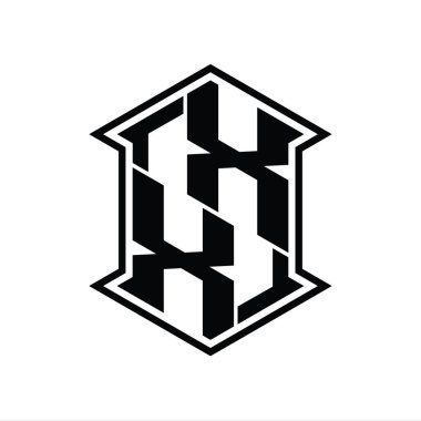 XX Harfi Logo monogram altıgen kalkanı keskin köşeli izole tasarım şablonu ile yukarı ve aşağı şekil