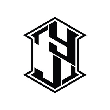 YJ Harf Logosu monogram altıgen kalkanı keskin köşeli izole tasarım şablonu ile yukarı ve aşağı şekil