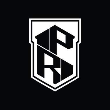 Kalkanın içinde izole edilmiş stil şablonu içinde PR Harfi Logosu monogram altıgen geometrik yukarı ve aşağı