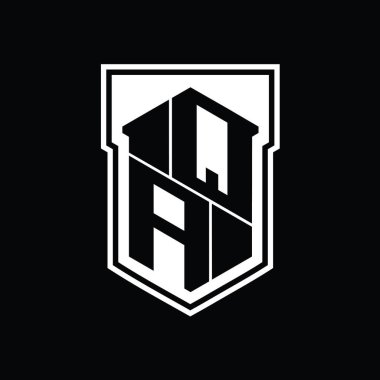 Kalkan içinde izole edilmiş biçim şablonu içinde QA Harfi Logo monogram altıgen geometrik yukarı ve aşağı