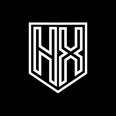 Kalkanın içindeki HX Harfi Logo monogram kalkan geometrik çizgisi izole edilmiş biçim tasarım şablonu