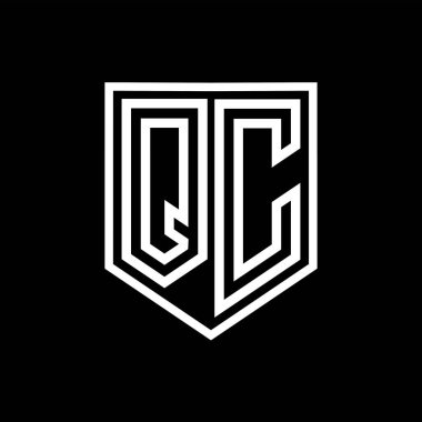 Kalkan içinde QC Harfi Logo monogram kalkan geometrik çizgi izole biçim tasarım şablonu