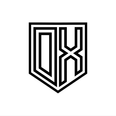 Kalkanın içindeki DX Harfi Logo monogram kalkan geometrik çizgisi izole edilmiş biçim tasarım şablonu