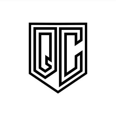 Kalkan içinde QC Harfi Logo monogram kalkan geometrik çizgi izole biçim tasarım şablonu