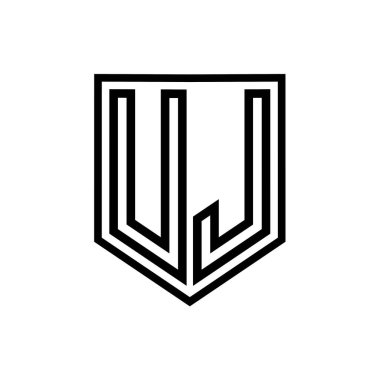 Kalkanın içindeki UJ Harfi Logosu monogram kalkan geometrik çizgisi izole edilmiş biçim tasarım şablonu