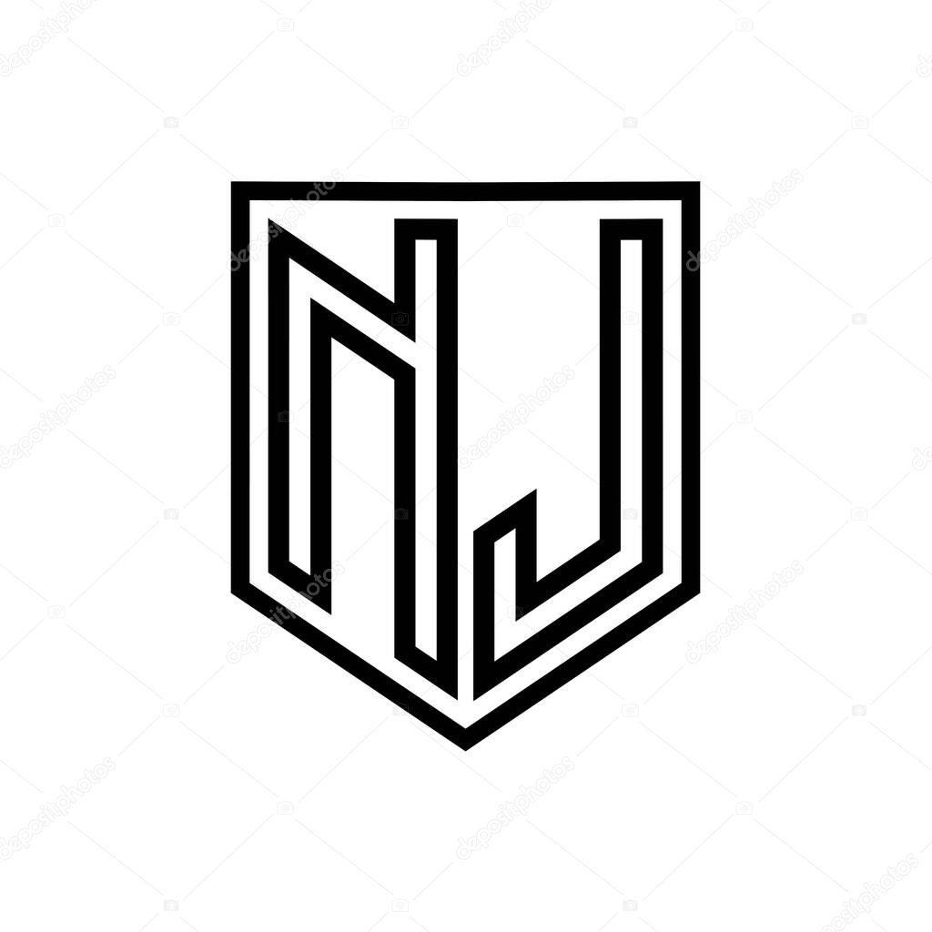 NJ Letter Logo monogram shield geometric line inside shield isolated style design template