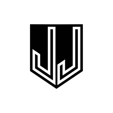 JJ Letter Logo monogram kalkan geometrik çizgi içinde kalkan biçimi tasarım şablonu
