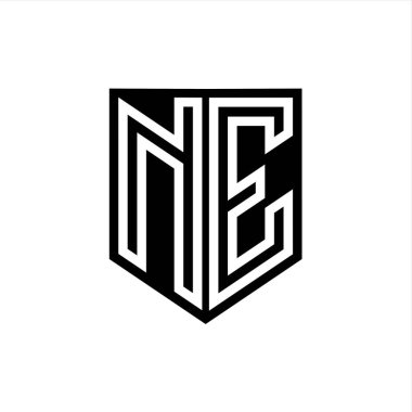 NE Letter Logo monogram kalkan geometrik çizgi içinde kalkan tarzı tasarım şablonu