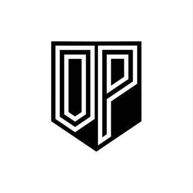 Kalkan biçimi tasarım şablonu içindeki OP Harfi Logo monogram kalkan geometrik çizgisi