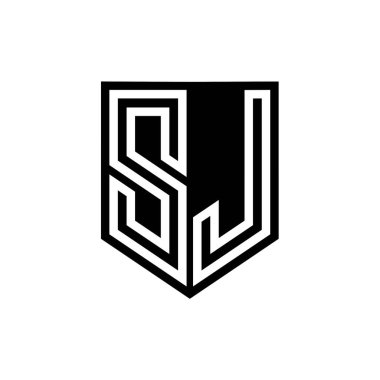 SJ Letter Logo monogram kalkan geometrik çizgisi kalkan biçimi tasarım şablonu içinde