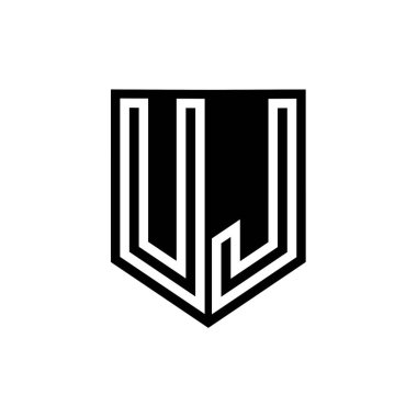 Kalkan biçimi tasarım şablonu içindeki UJ Letter Logo monogram kalkan geometrik çizgisi