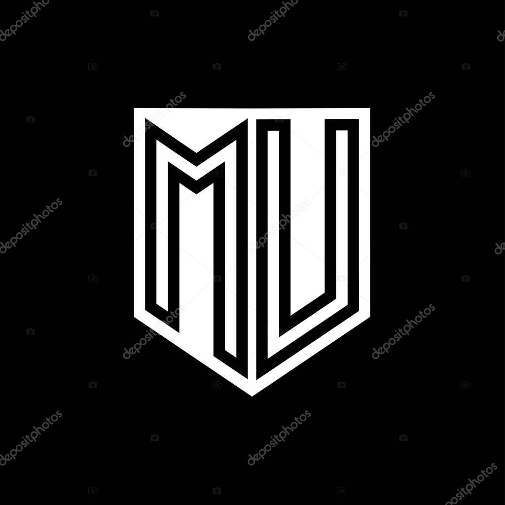 MU Letter Logo monogram shield geometric line inside shield style design template
