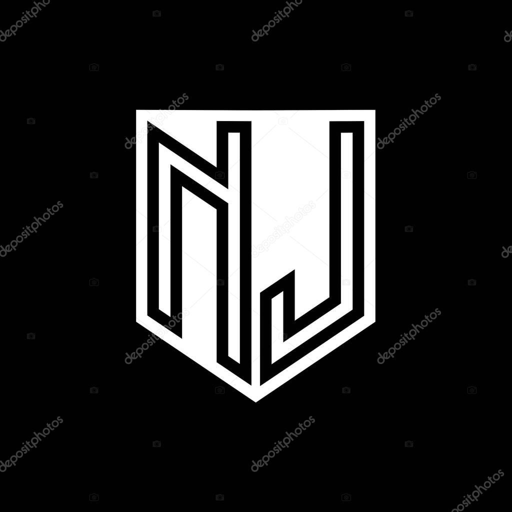 NJ Letter Logo monogram shield geometric line inside shield style design template