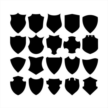 Siluet Kalkan simgesi klasik tarzda ayarlandı, kalkan güvenlik hattı simgelerini koruyun. Rozet kalitesi sembolü, işaret, logo veya amblem, vektör, taç.