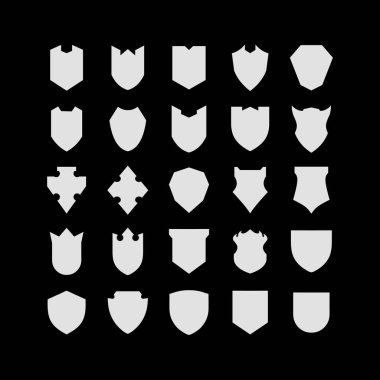 Siluet Kalkan simgesi klasik tarzda ayarlandı, kalkan güvenlik hattı simgelerini koruyun. Rozet kalitesi sembolü, işaret, logo veya amblem, vektör, taç.