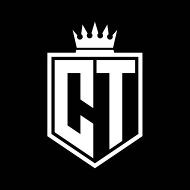 CT Harfi Logo monogramı. Siyah ve beyaz tasarım şablonlu kalın kalkan geometrik şekli.