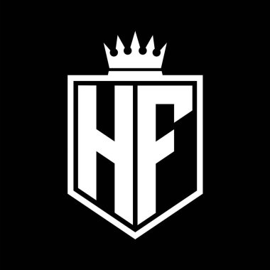 HF Harf Logosu koyu renkli kalkan geometrik şekli ve siyah-beyaz tasarım şablonu