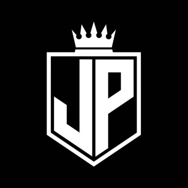 JP Harf Logosu koyu renkli kalkan geometrik şekli ve siyah-beyaz tasarım şablonu.