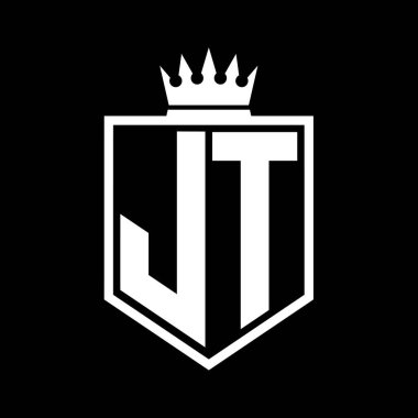 JT Letter Logosu koyu renkli kalkan geometrik şekli ve siyah-beyaz tasarım şablonu.